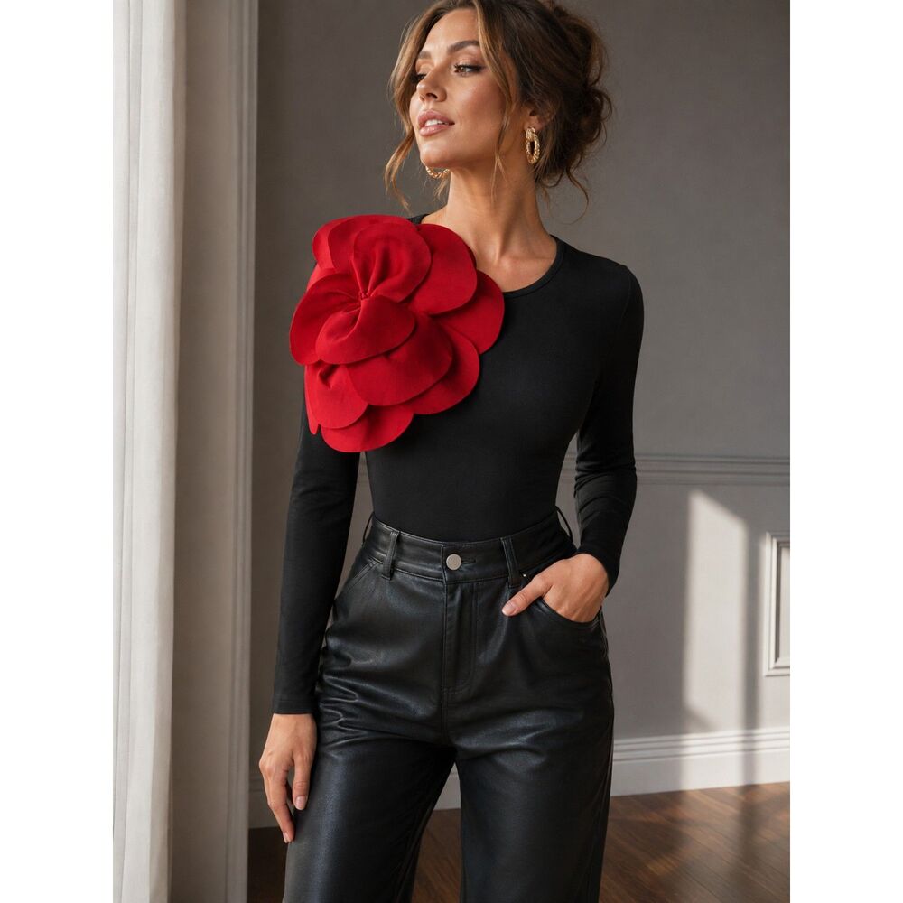Black 3D Red Floral Long Sleeve Stretch Knit Bodysuit Small Statement Rose